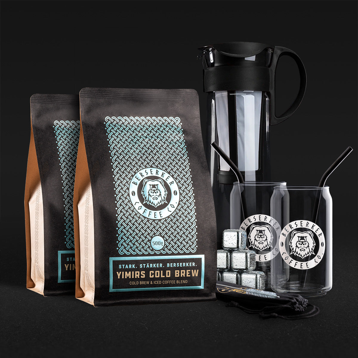 cold brew aufbewahren Cold Brew Starter Bundle | 1x Hario Mizudashi Cold Brew Maker, 2x Cold-Brew-Gläser & 6 Edelstahl-Eiswürfel | 2x500g Yimirs Cold Brew Blend